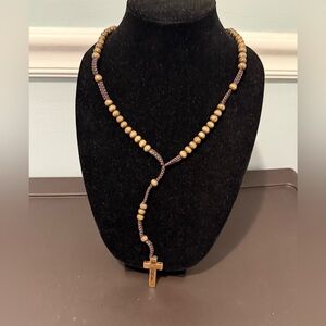 Rosary Necklace Unisex Wooden Brown Carved Beads Strong Cord Rope Catholic